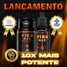 Lançamento do FireMax Original, conhecido como o Viagra da Alemanha natural. A imagem mostra as versões em cápsulas e gotas com selos de aprovação da ANVISA e Ministério da Saúde, destaque para fórmula 10x mais potente e garantia de 90 dias.